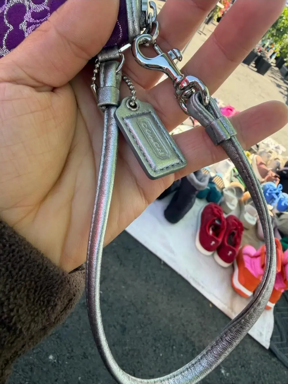 Coach Purple Signature Mini Wristlet Silver Accent